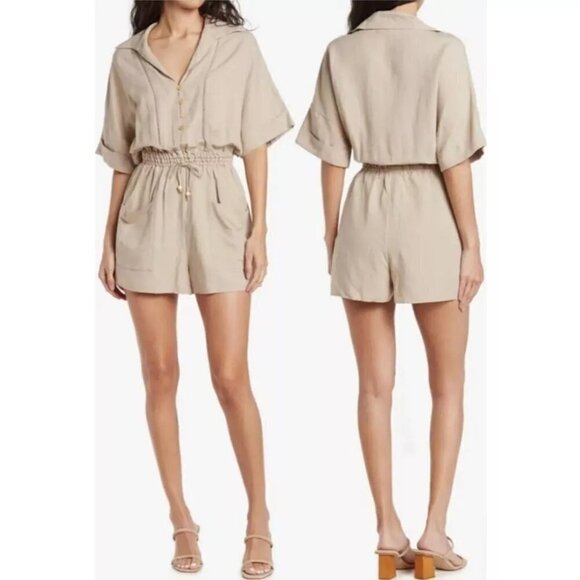 BLANK NYC Linen Blend Button Up Romper in Tan Size Medium - Picture 2 of 10